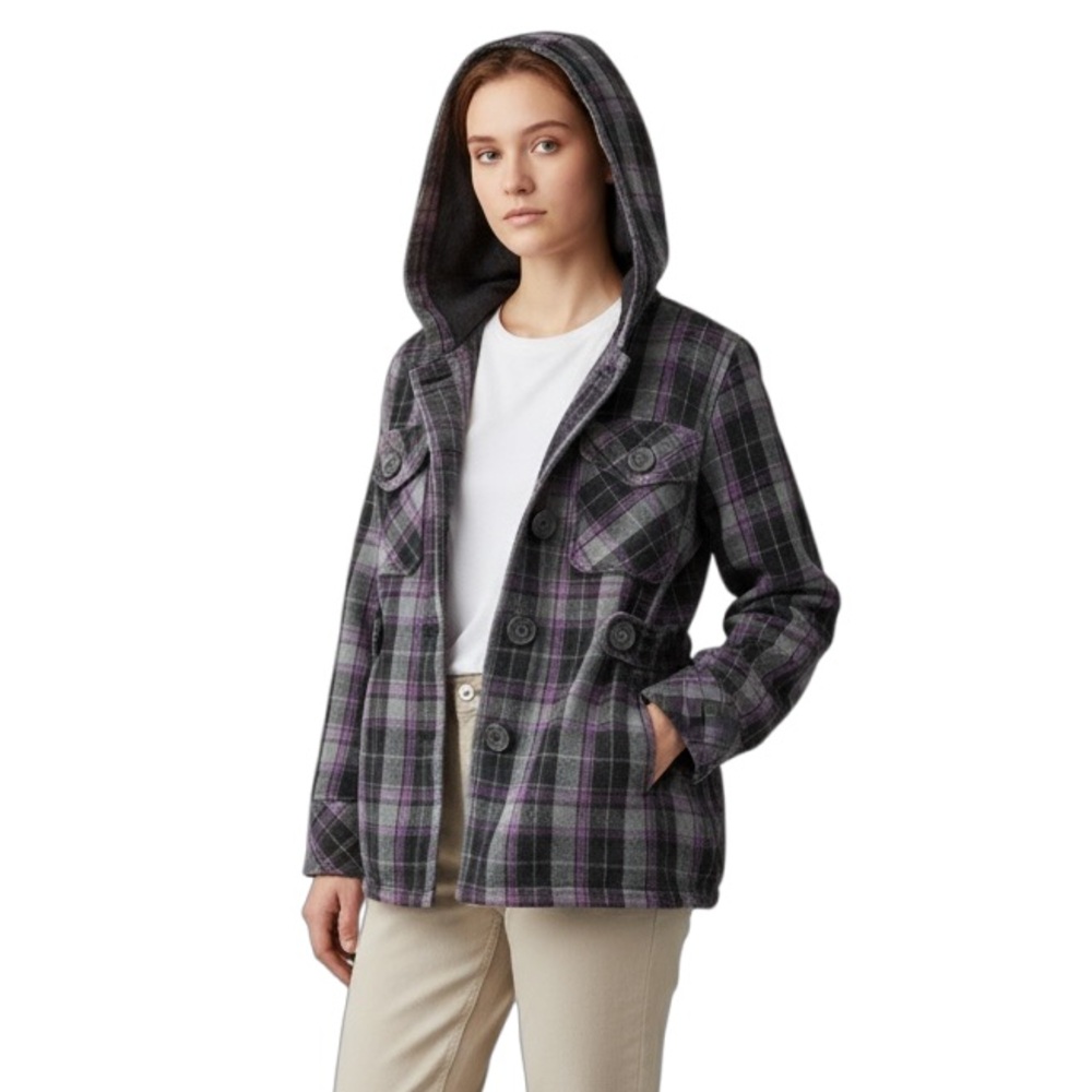 Self Esteem Juniors Button Down Front Hooded Plaid Cotton Peacoat Travel XL